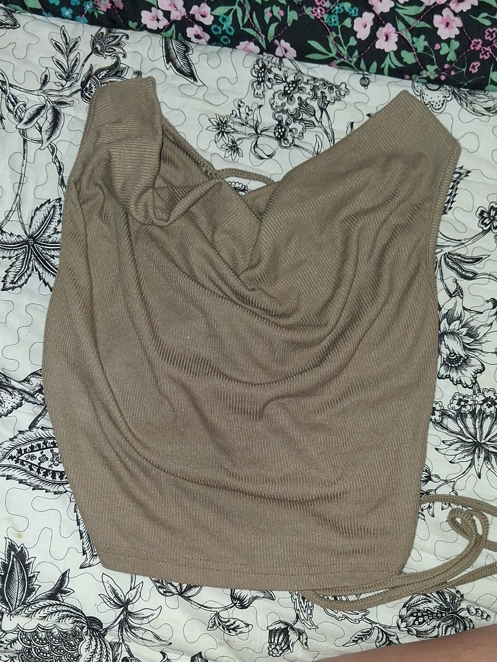 SHEIN Taupe Ribbed Cowl Neck Tank Top